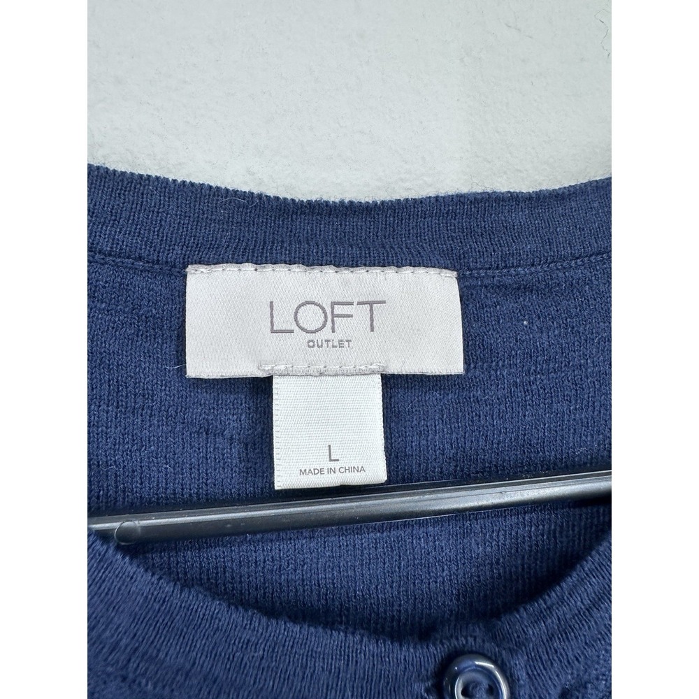 LOFT Cardigan LARGE Navy Blue 3/4 Sleeve Lightweight Button Front Sweater Office - Picture 7 of 11